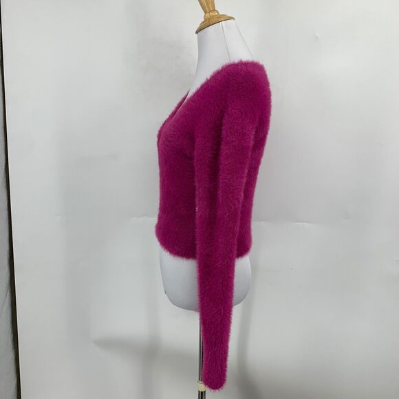 Volcom Sweater Womens S Small Cerise Fuzzy Clued 2 You V Neck Cropped Pullover - Picture 4 of 13